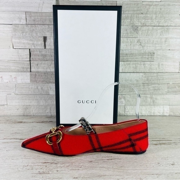 NWT GUCCI Archive Wool Check Pointed Toe Ballet Flats Shoes Red/Black SZ 35 - Picture 8 of 16